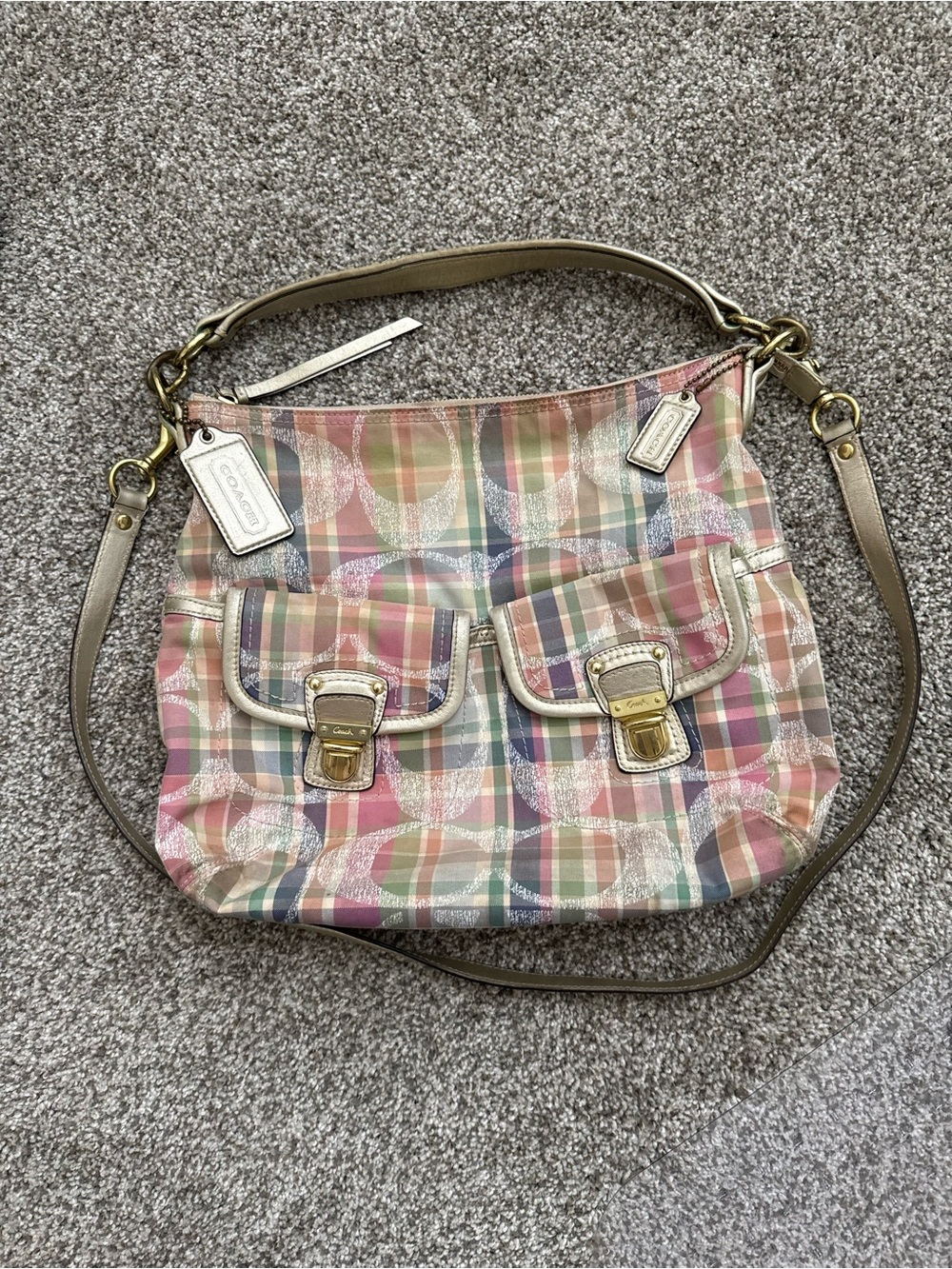 Coach Pastel Plaid Canvas Shoulder Bag with Gold Hardware